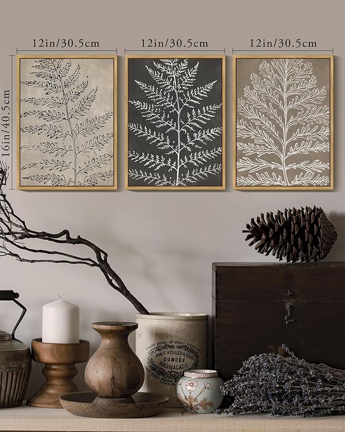 KUVIOKE Vintage Botanical Framed Wall Art Bohemian Tan Plant Leaf Wall Decor Nature Fern Plant Silhouette Wall Painting Home Decor 12x16in (Natural Framed)