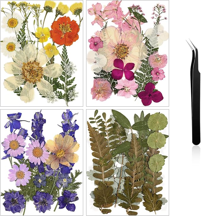 Nuanchu Dried Flower for Crafts Resin Pressed Flowers Bulk Real Dried Wildflowers Leave Natural with Tweezer for Resin Mold Scrapbooking Nail Soap Candle Cake Card Making DIY Christmas Crafts Supplies