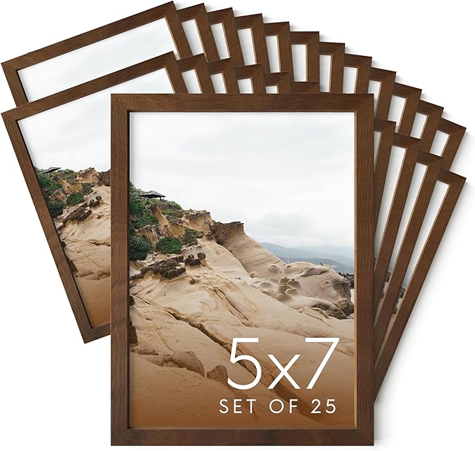 HAUS AND HUES 5x7 Walnut Oak Wood Photo Frame Set of 25 - Mini Picture Frames Bulk Gallery Set - Premium Bulk Picture Frames 5x7 for Stylish Photo Gallery Wall Frame Set