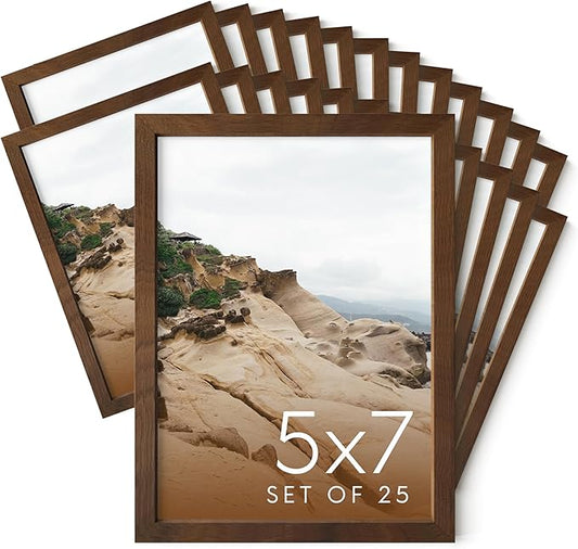 HAUS AND HUES 5x7 Walnut Oak Wood Photo Frame Set of 25 - Mini Picture Frames Bulk Gallery Set - Premium Bulk Picture Frames 5x7 for Stylish Photo Gallery Wall Frame Set