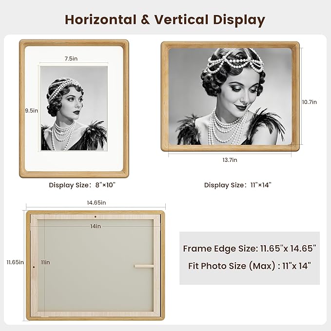 HELPLEX 11x14 Premium Picture Frame Set of 2 - Solid Oak Wood, UV-Blocking Plexiglass, Convertible 5x7/8x10 Matted or 11x14 Open - Wall Art Gallery & Family Legacy Home Decor