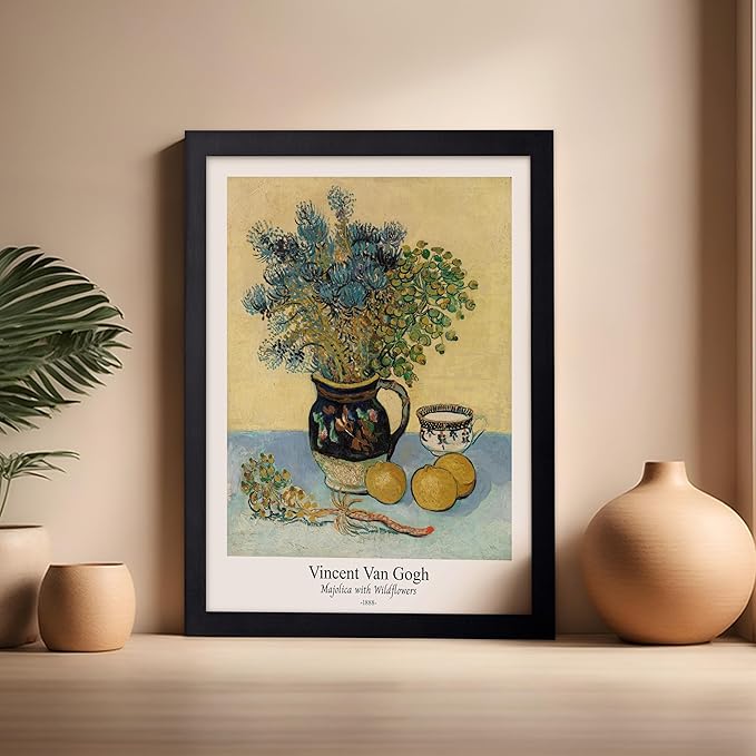 Monem Art Vintage Van Gogh Poster - Retro Majolica with Wildflowers Print - Impressionism Art - Flower Art - Fine Art - Classic Painting Art - Floral Living Room Decor - 16x20 Black Framed