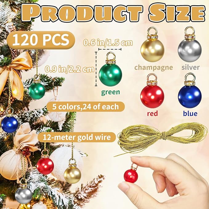 120 Pcs Christmas Ball Ornaments,Miniature Christmas Glitter Balls Xmas Tree Hanging Decorations Pendants for Outdoor Indoor Holiday Party DIY Craft Supplies,0.6 Inch