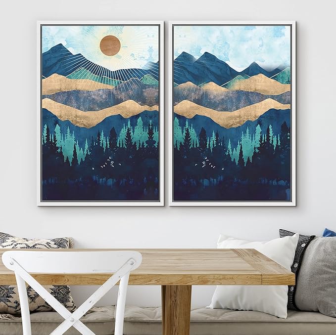 SIGNWIN Framed Canvas Print Wall Art Set Gold Blue Geometric Mountain Forest Landscape Nature Wilderness Illustrations Modern Art Scenic Colorful for Living Room, Bedroom, Office - 16"x24"x2 White