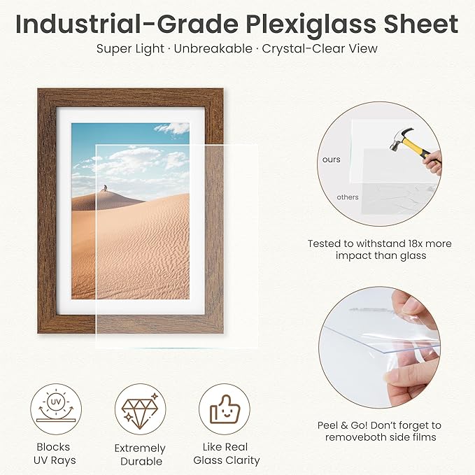 Dreamland 8x10 Picture Frame, Solid Oak Wood Photo Frame with Mat for 5x7, 8 x 10 Matted Picture Frames with Resistant Plexiglass for Wall Mounting or Tabletop, Walnut Color, Set of 1