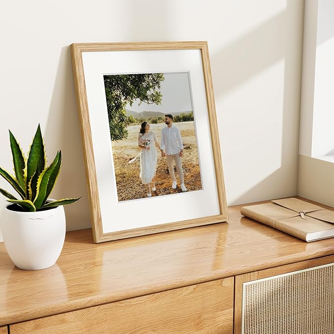 Dreamland 11x14 Picture Frame, Solid Oak Wood Photo Frame with Mat for 8x10, 11 x 14 Matted Picture Frames with Resistant Plexiglass for Wall Art Photo and Prints, Oak Color, Set of 3
