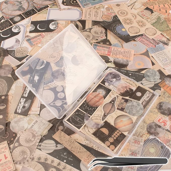 200Pcs Vintage Scrapbook Stickers, Aesthetic Junk Journal Stamping Supplies Kit, Scrapbooking Ephemera Washi Paper for Bullet Journaling Planners Diary Collage (Celestial)