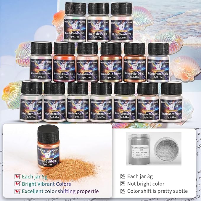 CHANGTIKEJI Chameleon Mica Powder，16 Colors*5g/Bottle，Shift Mica Powder for Epoxy Resin/Tumbler,Saturated Color Shifting Pigment Powder for Lip Gloss,Car Freshies,Eye Shadow,Nail Polish,Candle Making