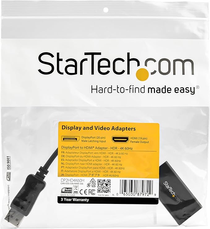 StarTech.com DisplayPort to HDMI Adapter - 4K 60Hz HDR10 Active DisplayPort 1.4 to HDMI 2.0b Video Converter - 4K DP to HDMI Adapter Dongle for Monitor/Display/TV - Latching DP Connector (DP2HD4K60H)