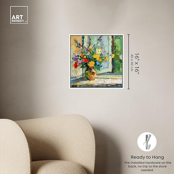 Art Remedy Vase By The Window Framed Impressionism 1 Piece Canvas Wall Art/Monet And Van Gogh Inspired Art, 17" x 17", White Frame