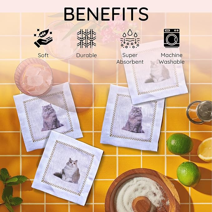 Cocktail Napkins Set of 6, 6x6 inch, 100% Linen, Printed Animal Pattern, Reusable & Washable Cloth Coasters for Beverages, Hosting, Gifting & Everyday Use (Cat Meme)