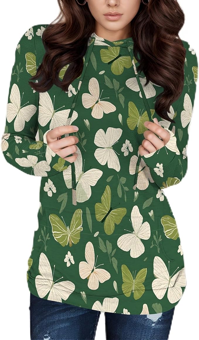 Hooded Sweatshirt Women Fall Butterfly Sweatshirts Lightweight Long Sleeve Pullover Tops Trendy Outfits Plus Size