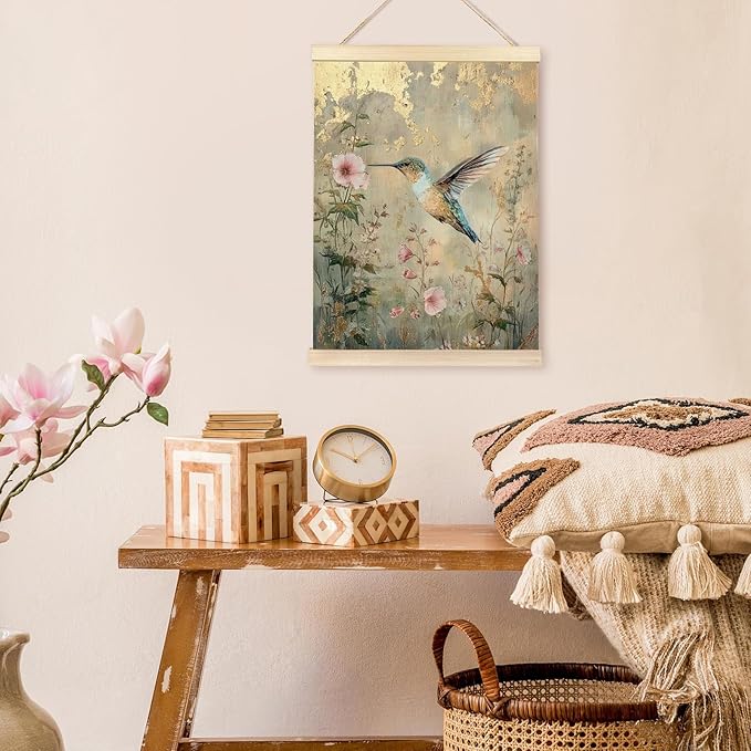 bitCNY 12x16 Inch Hummingbird Canvas Wall Art – Floral Gold Foil Style Poster, Linen Hanging Print for Nature and Bird Lovers Decor