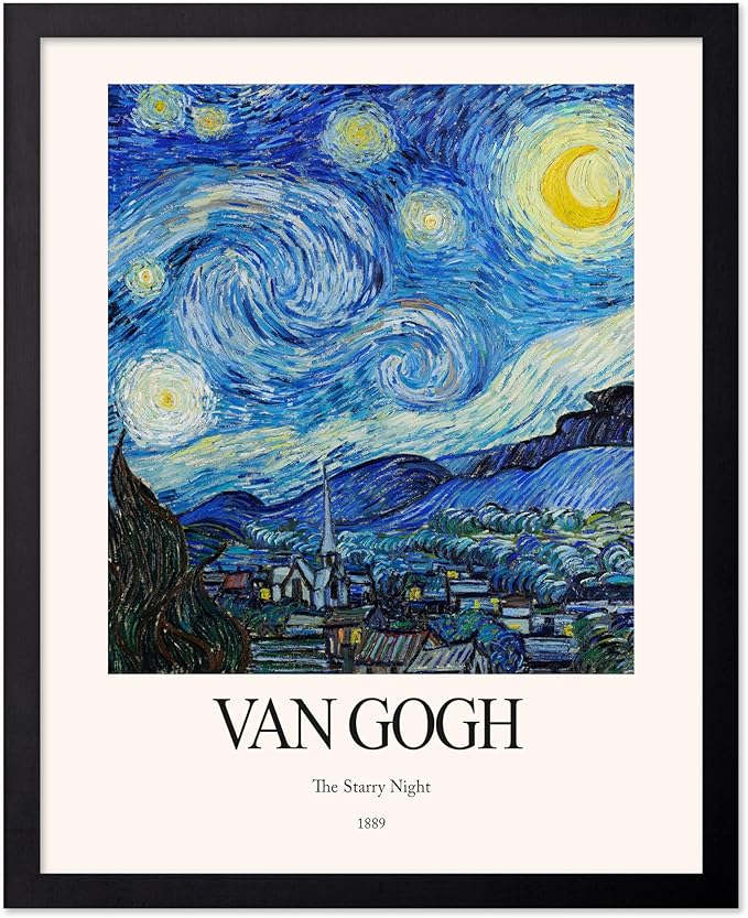 Monem Art Vintage Van Gogh Poster - Retro Impressionist Print - The Starry Night, Moon, Stars, Abstract - Gift for Artist, Friend - Wall Decor for Home, Office, 16x20 Black Framed