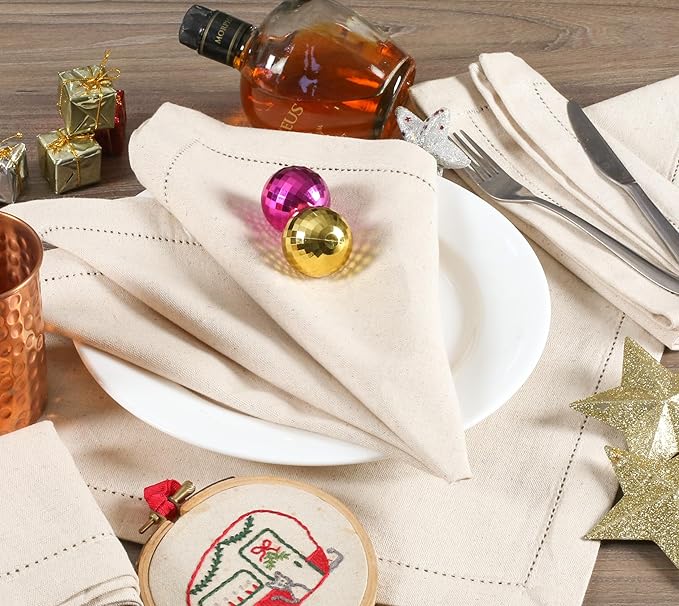 Lightnpro Flax Linen Napkins Set of 12, Hemstitched Dinner Cloth Napkins, Washable and Reusable for Dining, Parties, Weddings, Holiday & Everyday Use – 18x18 Inch Natural Color
