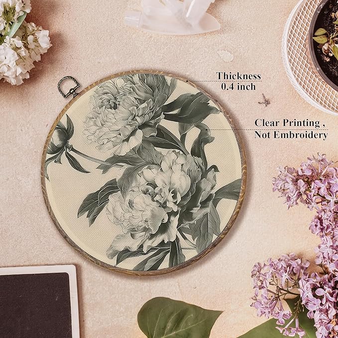 FUGWN Vintage Peony Floral Round Wall Art Decor Framed, Cottagecore Peony Flower Canvas Artwork Prints, Retro Classic Floral Wall Hanging Decorations for Home Bedroom Living Room, 10x10 Inch