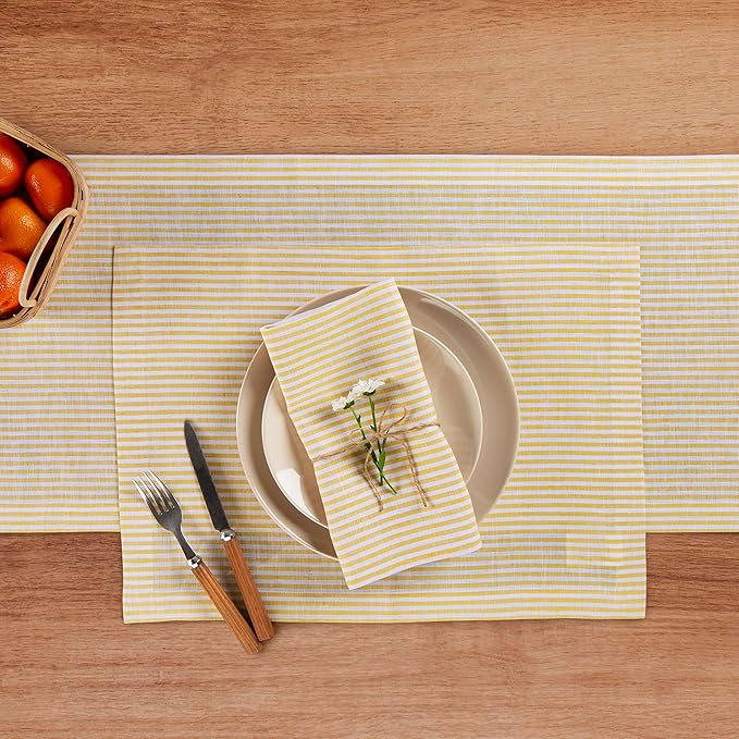 Solino Home Linen Table Runner 132 Inches Long - Narrow Stripe, 100% Pure Linen Spicy Mustard and White Table Runner 14 x 132 Inch for Dining, Spring, Easter