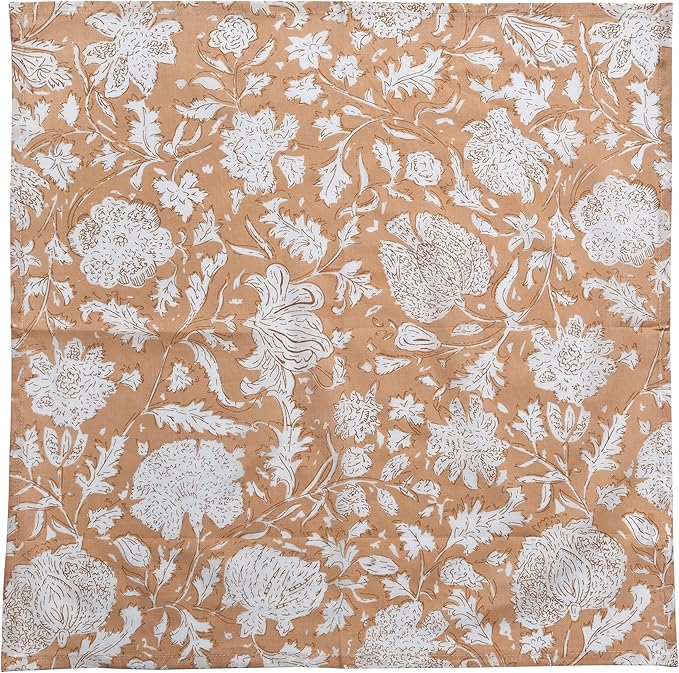 CPC Cloth Napkins 100% Cotton Set of 4 Reusable Napkins, Indian Block Print Toile Floral Dinner Napkin, Fall Thanksgiving Christmas Holiday Party Gift - Soft Absorbent Napkin, 18"x18" Light Peach