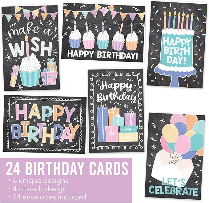 Hadley Designs Happy Birthday Cards Bulk with Envelopes - 24 Assorted Birthday Cards for Kids & Adults, Bulk Greeting Card Pack for Office, Blank Generic Bday Notecards with Envelopes, Designed in USA
