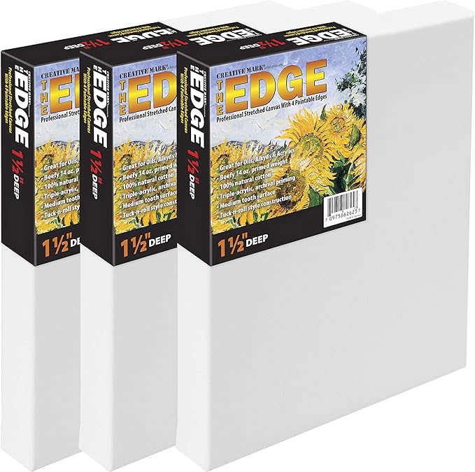 Creative Mark The Edge Deluxe Cotton 1-1/2" Deep Stretched Canvas for Painting, 24"x30" Pack of 3, 14oz. Primed Weight, Universal Archival Priming, Medium Tooth, Hand-Stretched Canvas for Painters