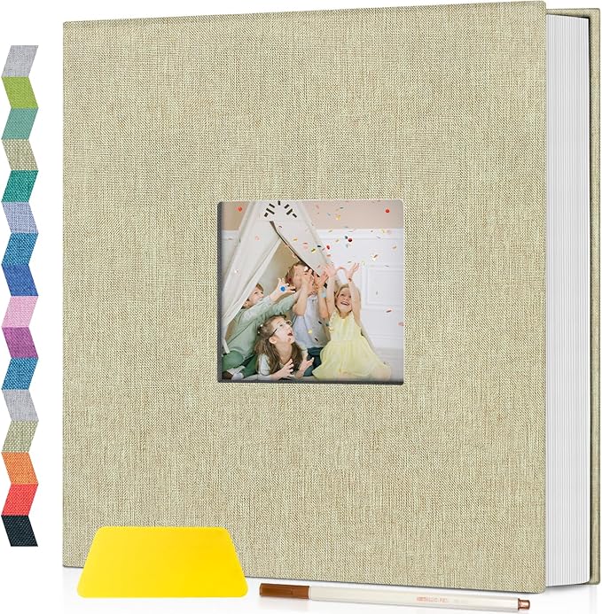popotop Photo Album Self Adhesive with Picture Display Window,60 Pages DIY Scrapbooking Supplies Kit for 4x6 8x10 Picture,Linen Cover Memory Book for Baby Wedding, with Scraper and Metallic Pen