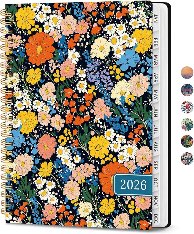 2026 Planner, Weekly and Monthly Calendar Planner for Women, Jan 2026 - Dec 2026, Hardcover Planning Agenda book with Tabs, Spiral Bound, Inner Pocket, Perfect for School Office Supplies, 6.3" x 8.5" - Colorful Blossoms