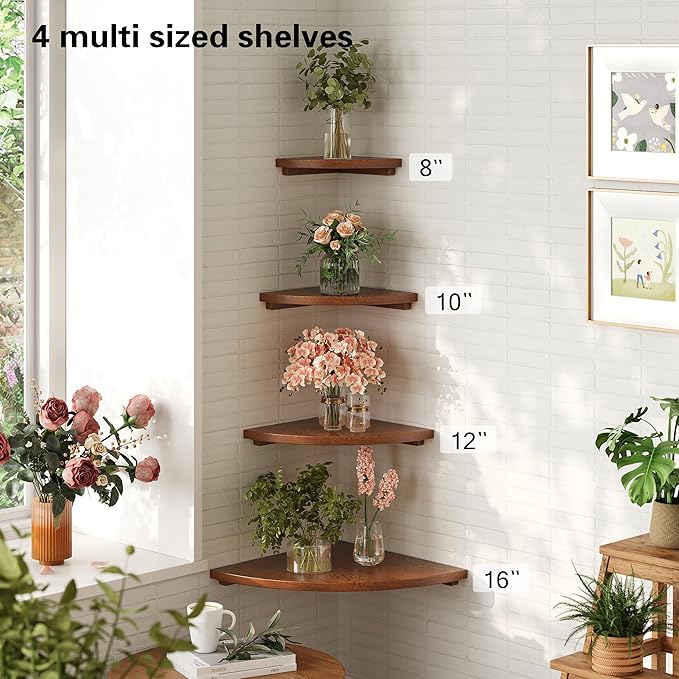 Floating Corner Shelves Walnut 12", Solid Oak Wall Mounted Wooden Display Storage Rack with Wire Hole for Plants, Photos, Speakers, Bedroom, Kitchen, Living Room Décor - 2-Pack