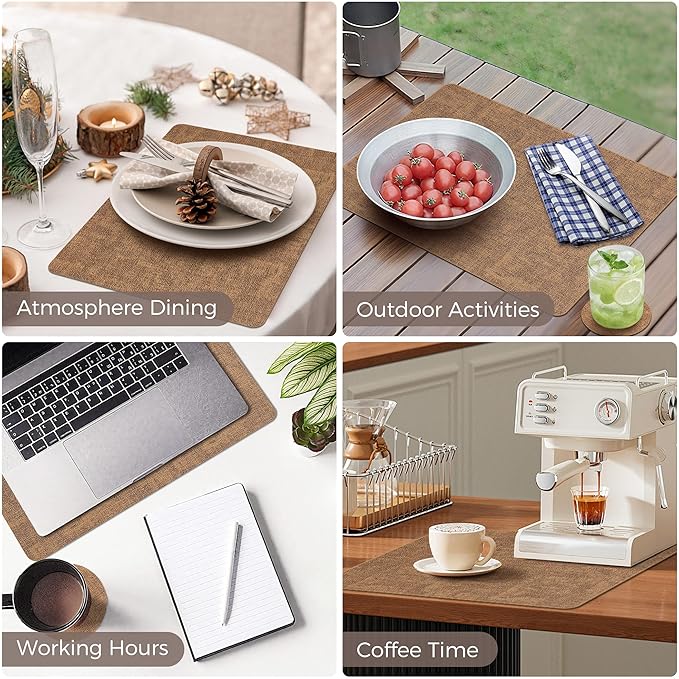 Vinyl Placemats Set of 12, Faux Leather Waterproof and Heat Resistant Place Mats, Washable Anti-Slip Table Mats with Coaster, Wipeable Placemats for Indoor & Outdoor 17" x 12" (Light Brown, Set of 12)