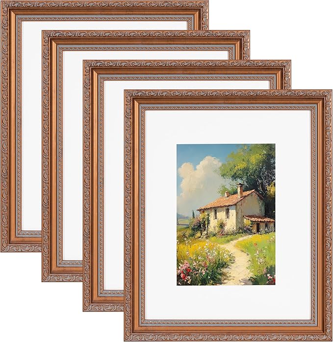 eletecpro 8x10 Picture Frames Set of 4, Vintage Photo Frame with Glass, Frames 8 x 10 Display 5x7 Photo with Mat or 8x10 without Mat for Tabletop or Wall Decor, Bronze