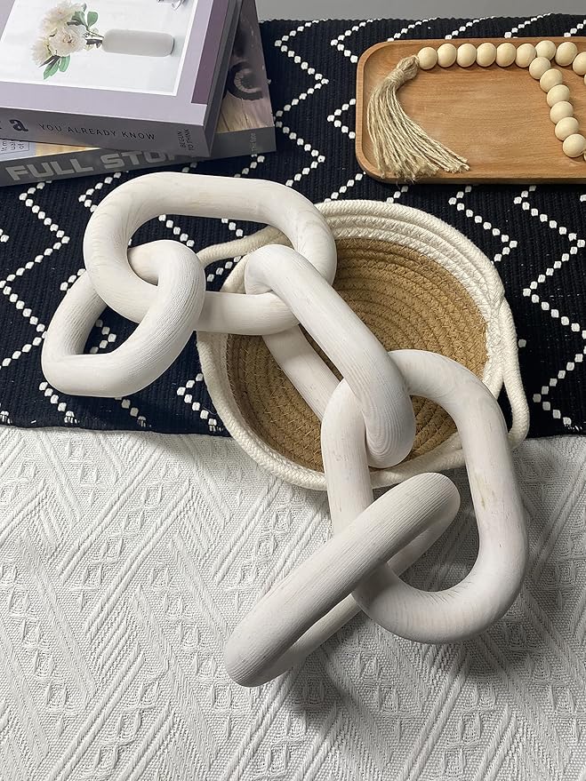 Wood Chain Link Decor - 18.9 Inch Length, 5-Link Boho Decor for Living Room, Farmhouse, Coffee Table (White)