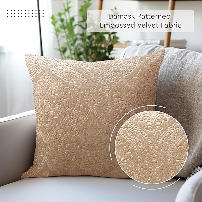 Encasa XO Luxury Embossed Velvet Throw Pillow Covers - Plush Cushion Covers for Elegant Living Rooms & Bedrooms, Machine Washable, 18"x18" Beige | Set of 2 | Covers Only No Insert