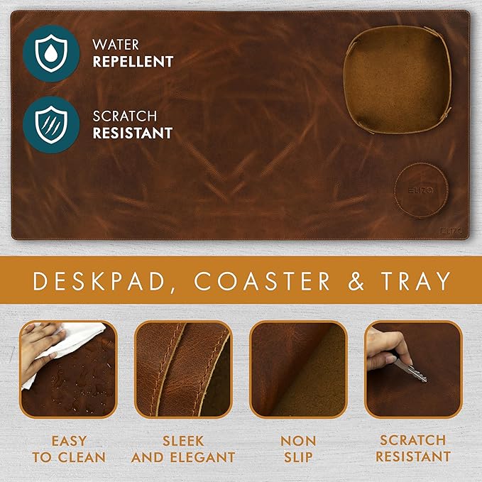 Elizo Real Leather Desk Mat Set (32x16) Large Desk Cover Desk Blotter Protector Computer Gaming Mouse Pad Table Laptop Office Desktop Accessories