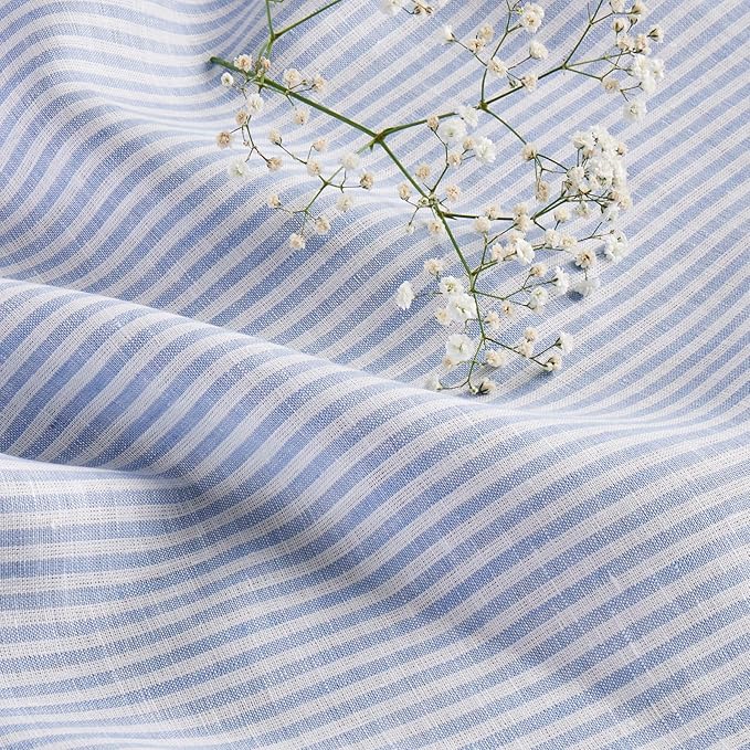 Solino Home Linen Table Runner 48 Inches - Narrow Stripe 100% Pure Linen Cornflower Blue and White Table Runner 14 x 48 Inch Ideal for Dresser and Coffee Tables - Winter, Spring, Easter