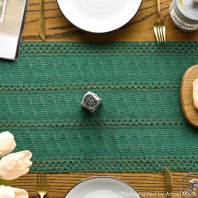 Artoid Mode Dark Green Farmhouse Woven Rustic Hollow Table Runner, Seasonal Holiday Hollow Kitchen Dining Table Decoration for Home Party Decor 12x72 Inch
