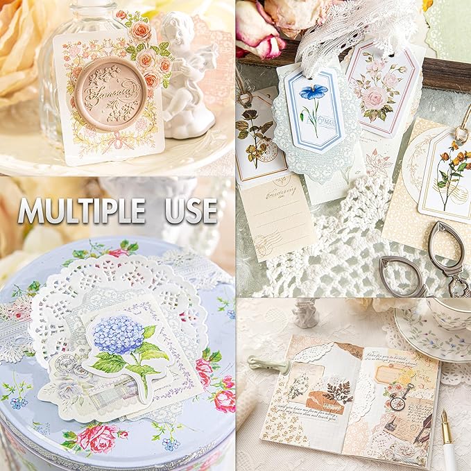 Vintage Floral Scrapbook Paper & Journaling Stickers (400pcs) Assorted Set - 4 Pack Junk Journal Supplies for Bullet Journaling, Retro Crafts, Planner, Mixed Media, Collage Card Album