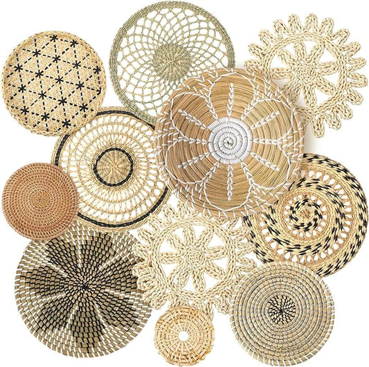 Tatuo 11 Pcs Boho Wall Basket Decor Decorative Bulrush Woven Basket Wall Decor Art Round Farmhouse Hanging Baskets for Kitchen Rustic Home Summer Decorations, Multi Sizes(Vivid)