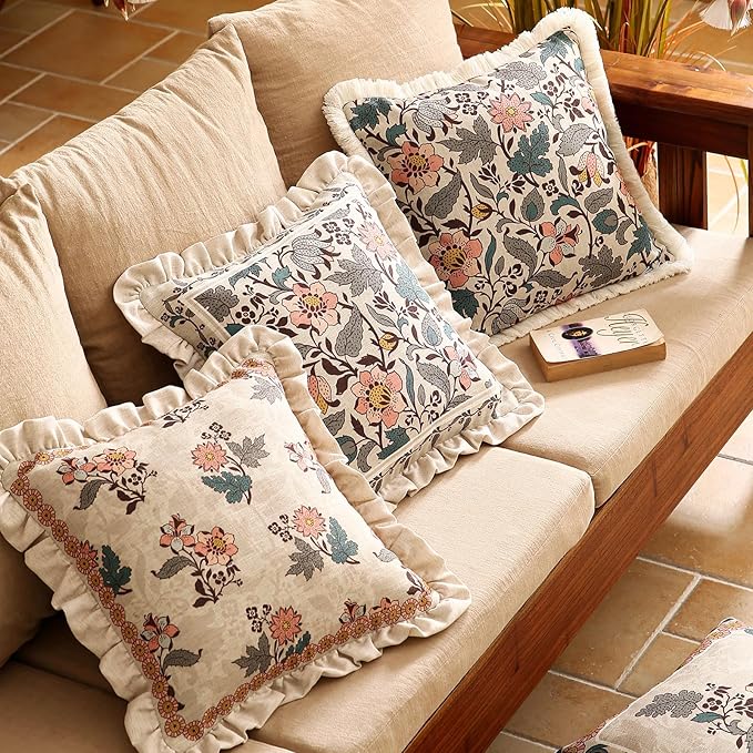 ISAENNE Design Square Linen Vintage Throw Pillow Covers 18"x18" Set of 4, Gray Green Farmhouse Cushion Covers with Silver Lotus Floral Pattern Decor Pillowcases for Bed,Living Room,Outdoor,Car