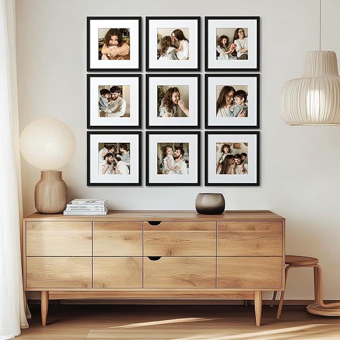 eletecpro 14x14 Picture Frames Set of 9, Classic Gallery Wall Frame Set Displays 10x10 Photos with Mat or 14x14 without Mat, Photo Frames Collage Wall Decor, Black Frames for Home Decor