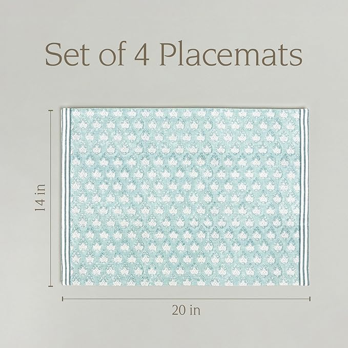 Over&Back Set of 4 Hand-Blocked Placemats - Colorful Dining Table Mat - Each Placemat is Unique - 100% Cotton - Machine Washable - Kitchen and Home Decor - Blue Leaf