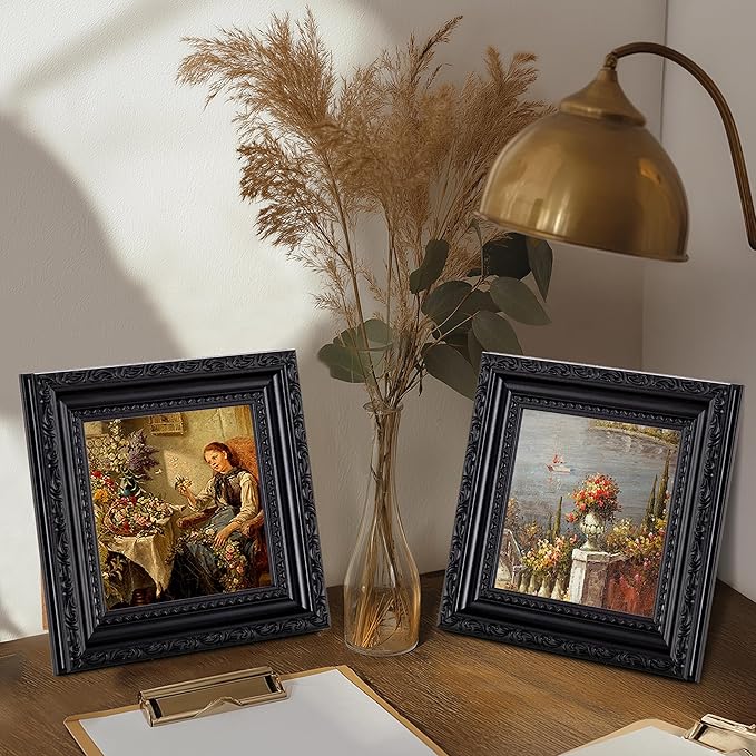 eletecpro 4x4 Picture Frames Set of 4, Ornate Vintage Photo Frames with Glass, Rustic Gothic Frame Displays 4x4 Photo for Tabletop, Black