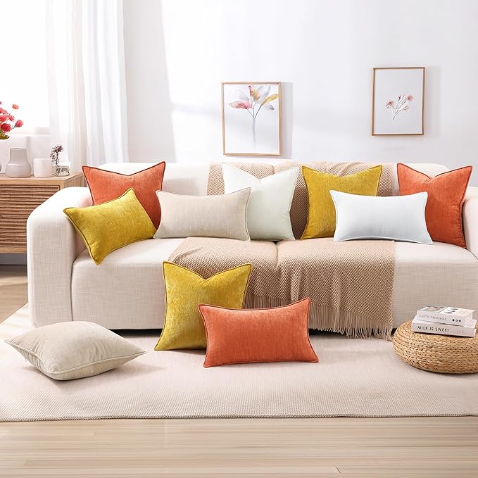 decorUhome Spring Couch Euro Sham Throw Pillow Covers 22x22 Set of 2, Decorative Soft Velvet Neutral Chenille Pillow Covers with Elegant Design for Sofa Bed Living Room Home Decor, Rust