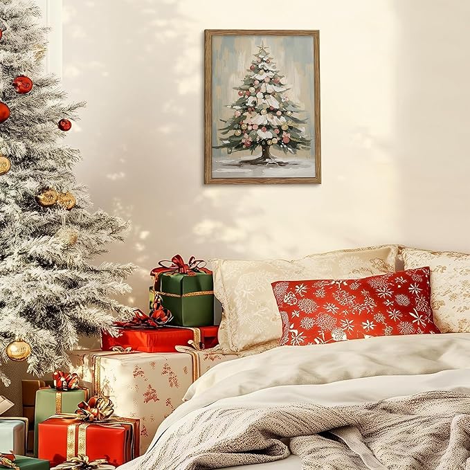 Framed Christmas Canvas Wall Art, Vintage Christmas Tree Pictures Print, Rustic Winter Holiday Decor, Wood Frame Pine Tree Painting, Christmas Tree Wall Decor for Living Room, Fireplace – 12x16in