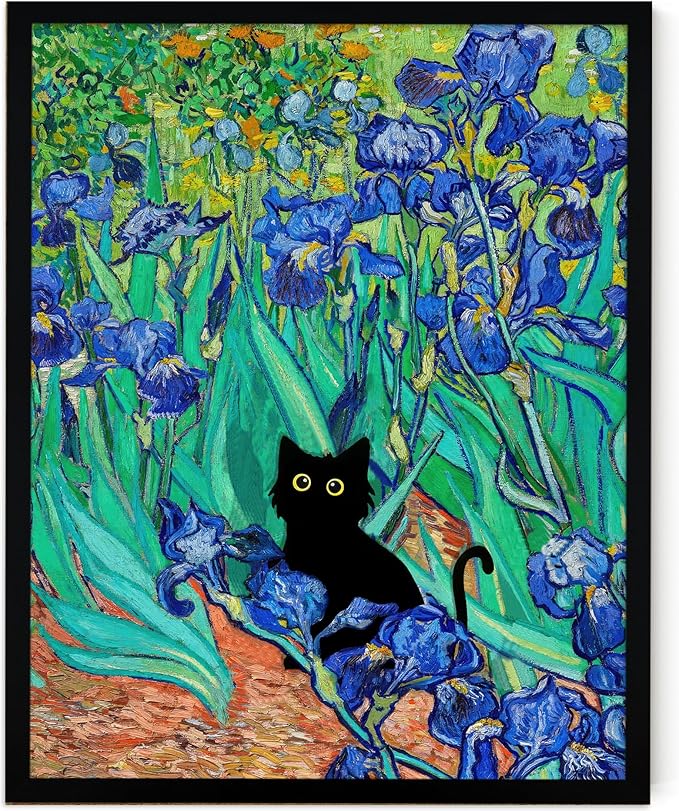 Fantasy Artists Van Gogh Irises Cat Wall Art, Framed Vintage Garden Canvas Wall Decor, Funny Black Cat Poster Prints, Paintings,Bathroom,bedroom,Living Room Artwork Decorations 8" Wide X 10" Height