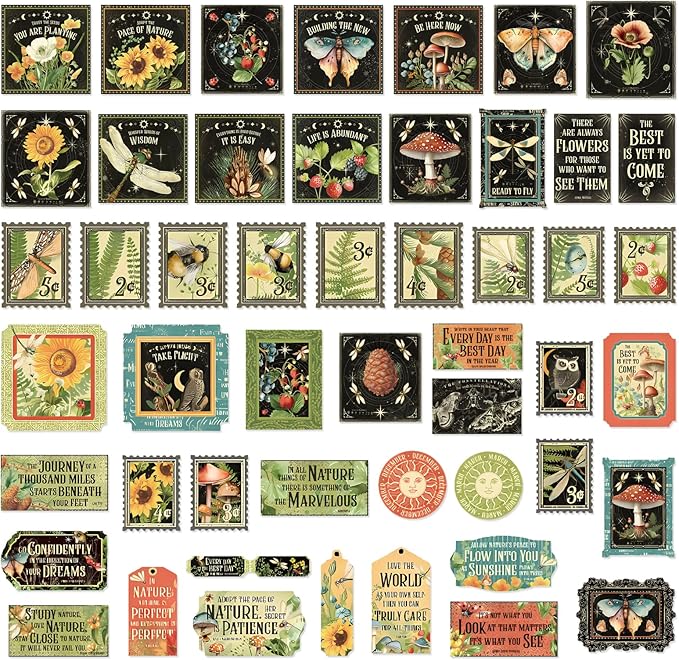 100 Pcs Postage Stamp Stickers, Aesthetic Insect Plants Decorative Stickers for Scrapbooking Bullet Journaling Planners DIY Calendars Notebook Junk Journal