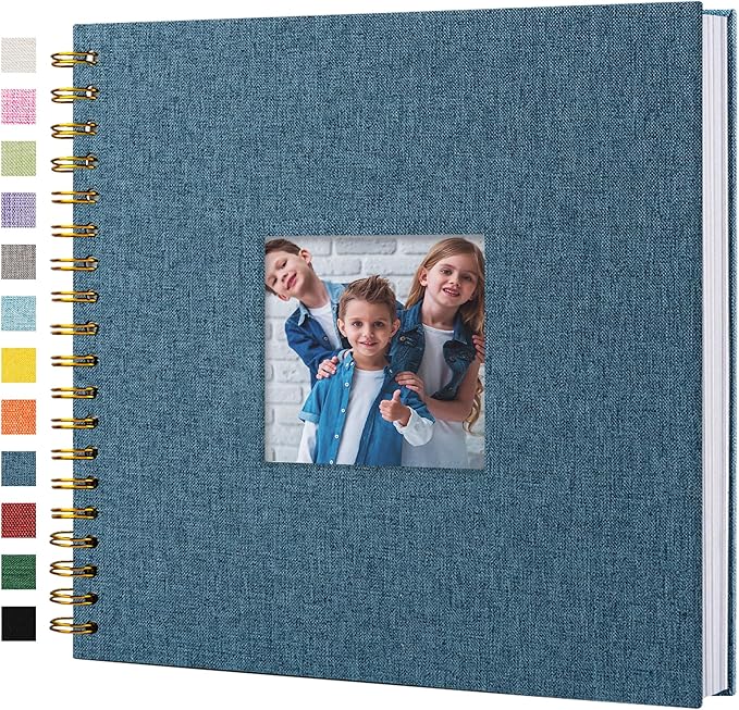 Scrapbook Photo Album Linen Cover, 10 x 10 Inch Hardcover Kraft White Pages Memory Book, for Travel Wedding Guest Book Christmas Baby Shower (40 Sheets/ 80 Pages,Blue)