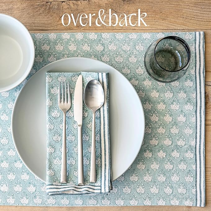 Over&Back Set of 4 Hand-Blocked Placemats - Colorful Dining Table Mat - Each Placemat is Unique - 100% Cotton - Machine Washable - Kitchen and Home Decor - Blue Leaf