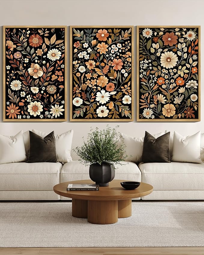 KUVIOKE Orange Vintage Flower Framed Wall Art Boho Floral Wall Decor Retro Wildflower Modern Art Prints Bedroom Living Room Home Decor 24x36in (Natural Framed)