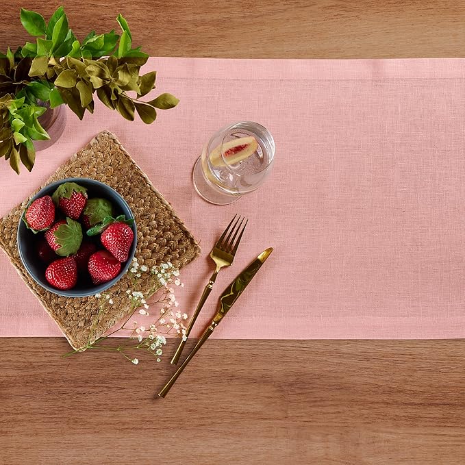 Solino Home Linen Table Runner 72 Inches Long - 100% Pure Linen Misty Pink Table Runner 14 x 72 Inch for Valentines, Spring, Easter - Diana Medium Weight