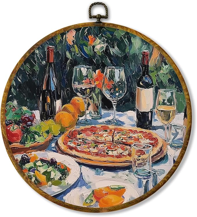 Hiuwevt Pizza and Champagne Round Wall Art Decor, Abstract Impressionist Cocktail Framed Canvas Prints, Quirky Whimsical Food Round Wall Hanging Decor for Bedroom Home Decorations, 10x10 Inches