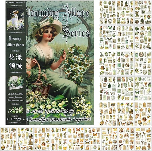 Vintage Stickers for Scrapbooking, Junk Journal - 24 Sheets Washi Sticker, Victorian Journal Stickers Book for Women, Self-Adhesive Scrapbook & Junk Journal Supplies (Green)